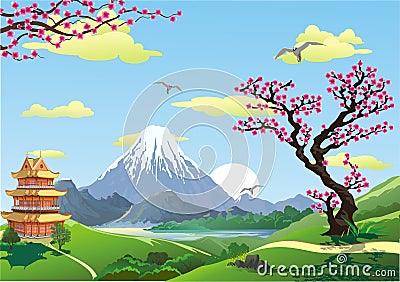 Japanese pagoda at the foot of the mountain. The cherry blossoms. The sunrise over the mountains. Vector Illustration