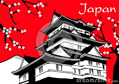 Japanese pagoda sakura flower painting on red Vector Illustration