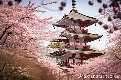 japanese pagoda surrounded by cherry blossom trees, providing a welcome springtime escape Stock Photo