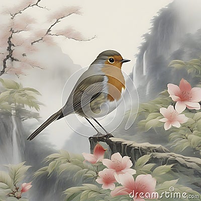 Japanese painting of a Robin bird, mountain, forest, and waterfall. AI-generated Cartoon Illustration