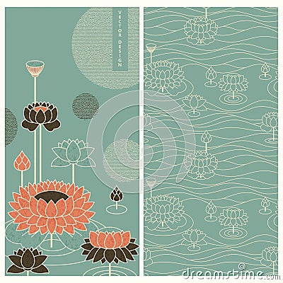 Japanese set with vector card and seamless vector patterns. design with water lilies and waves Vector Illustration