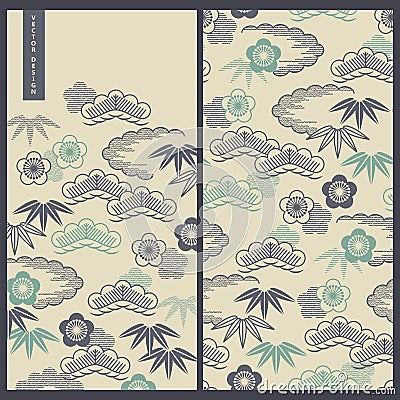 Japanese set with vector cards and seamless vector pattern with traditional japanese paintings of clouds and leafs Vector Illustration