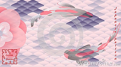 Japanese pattern, multicolored fish scales of koi carp, flock of fish, sakura flowers. Vector Illustration