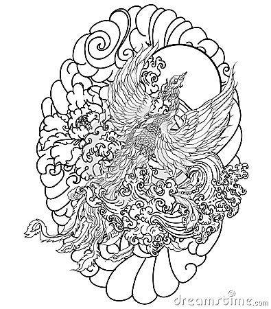 Japanese peacock tattoo.Asian Phoenix fire bird tattoo design.Colorful Phoenix fire bird colouring book illustration. Vector Illustration