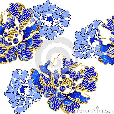 Japanese peony flowers embroidery with sequins and beads Vector Illustration