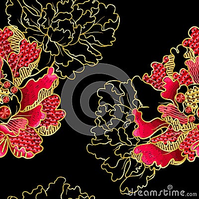 Japanese peony flowers embroidery with sequins and beads for print Vector Illustration