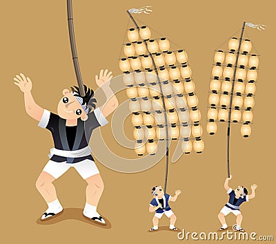 Japanese Pole Lantern festival performers Vector Illustration