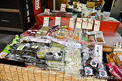 Japanese Preserved Pickles and Foodstuffs at Kuromon Ichiba Market, of Osaka Editorial Stock Photo