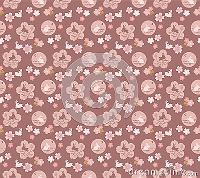 Japanese Rabbit Cherry Blossom Motif Vector Seamless Pattern Vector Illustration
