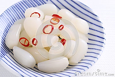 Japanese Rakkyo, Sweet and sour pickled scallions Stock Photo