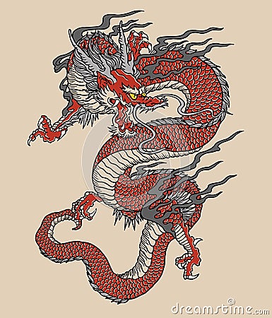 Japanese Red Dragon Tattoo Illustration. Full color vector art. Vector Illustration