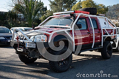 Japanese red pickup truck Nissan Navara parked outside Editorial Stock Photo