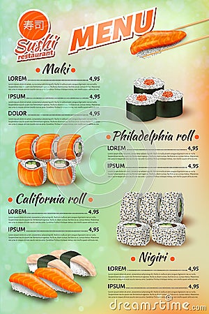 Japanese Restaurant Menu, Sushi, Rolls Price List Stock Photo