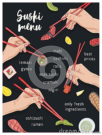 Japanese restaurant menu template with hands holding appetizing sushi, sashimi and rolls with chopsticks on black Vector Illustration