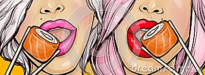 Japanese roll in open woman mouth close up view, Vector Illustration