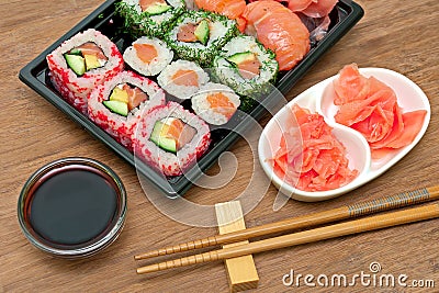 Japanese rolls and sushi, soy sauce and pickled ginger Stock Photo