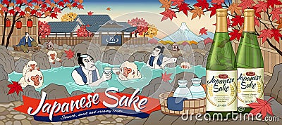 Japanese sake ads at hot spring Vector Illustration