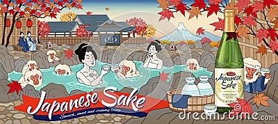 Japanese sake ads at hot spring Vector Illustration