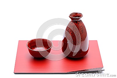 Japanese sake bottle and cups Stock Photo