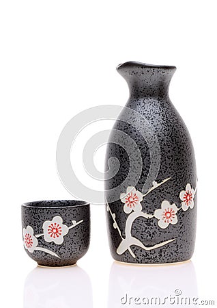 Japanese sake cup and bottle Stock Photo