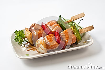 Japanese Salmon Kushiyaki, Skewered and Grilled Meat Stock Photo