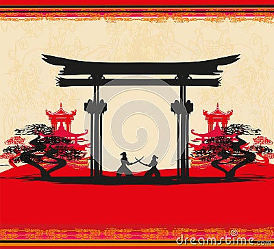 Japanese Samurai fighters silhouette on Asian landscape Vector Illustration