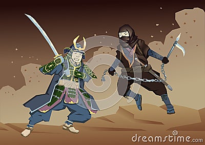 Japanese Samurai Warrior fighting with Ninja on dusty sandy background. Vector illustration. Flat style. Vector Illustration