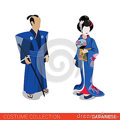 Japanese Samurai Geisha couple flat 3d isometric costume Vector Illustration