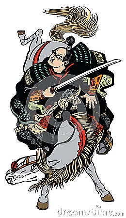 Japanese samurai horseman with sword Vector Illustration