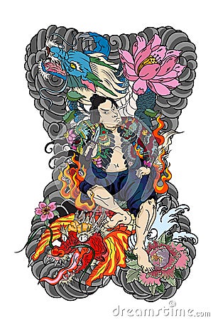 Japanese Samurai with leaf and dragon tattoo full body.Hand drawn Traditional Japanese men vector. Vector Illustration