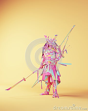 Japanese Samurai Pink Blue Warrior Polygon Triangles Armour Front View Cartoon Illustration