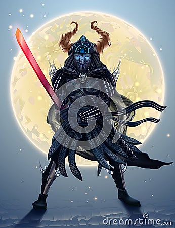 Japanese samurai silhouette over moon, fantasy warrior with flaming sword in dark armor. Asian fighter, dangerous ninja battle Vector Illustration