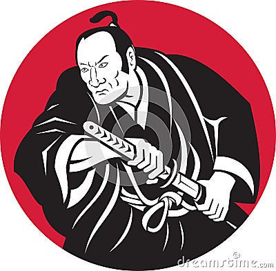 Japanese Samurai warrior drawing sword Stock Photo