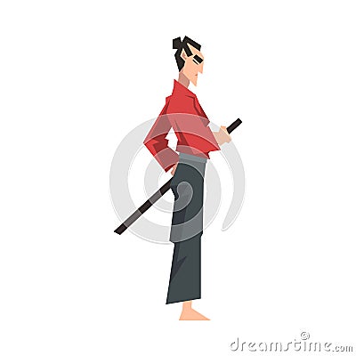 Japanese Samurai Wearing Red Karate Suit and Holding Katana Vector Illustration Vector Illustration