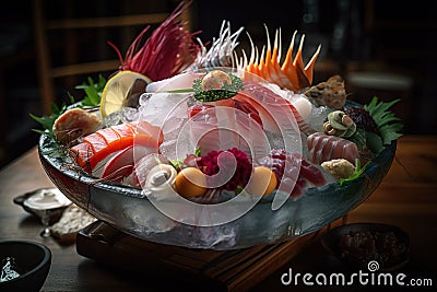 Japanese sashimi, nice artistic arrangement on ice, AI generative Cartoon Illustration