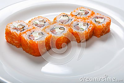 Japanese seafood sushi , roll on a white background Stock Photo