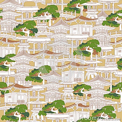 Japanese seamless pattern. Contour houses, pagodas and torii on a brown background. Vector endless print for fabric, textile, Vector Illustration