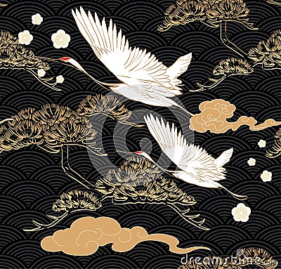 Japanese seamless pattern with crane birds elements vector. Asian background with oriental decoration such as hand drawn bonsai Vector Illustration