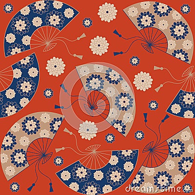 Japanese seamless pattern. Japanese floral background with Japanese fan. Vector Illustration