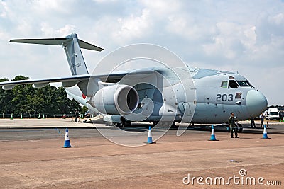 Japanese Self-Defense Force Kawasaki C-2 transport aircraft on the tarmac of RAF Fairford airbase. July 13, 2018 Editorial Stock Photo