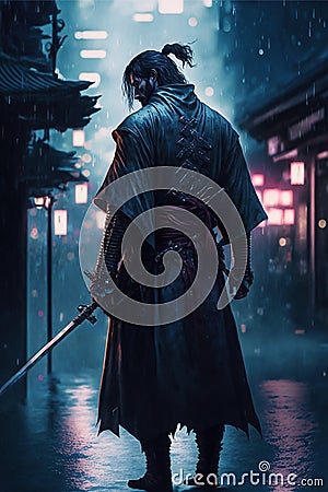 A Japanese sensei with samurai in heavy rain Cartoon Illustration