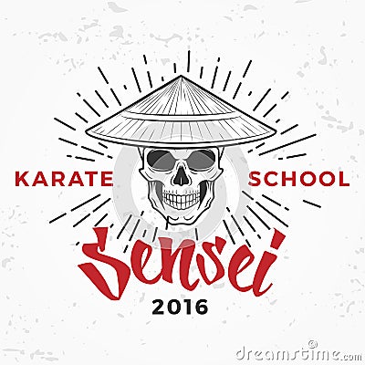 Japanese sensei skull Logo. Samurai master insignia design. Vintage ninja mascot badge. Martial art Team t-shirt Vector Illustration