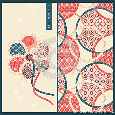 Japanese set with a card and seamless pattern with different colorful japanese ornaments. design for business, print, wrappi Vector Illustration