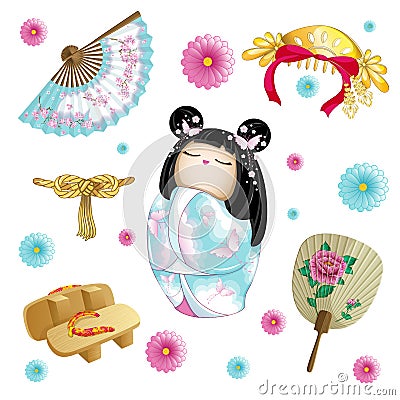 Japanese set with doll kokeshi, wooden sabots, paper fan and gold hair ornament. Vector Illustration