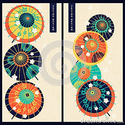 Japanese set with two cards with colorful vintage japanese traditional umbrellas. design for gift, print, business, card Vector Illustration