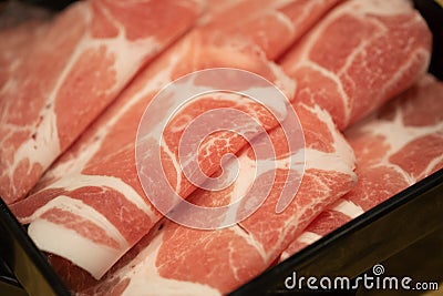 Japanese sliced pork on dish for shabu shabu Stock Photo