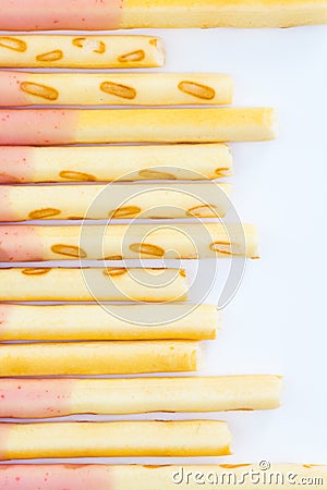 Japanese snack food biscuit stick strawberry coated Stock Photo