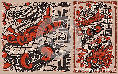 Japanese snake with flowers in tattoo style. Vector Illustration
