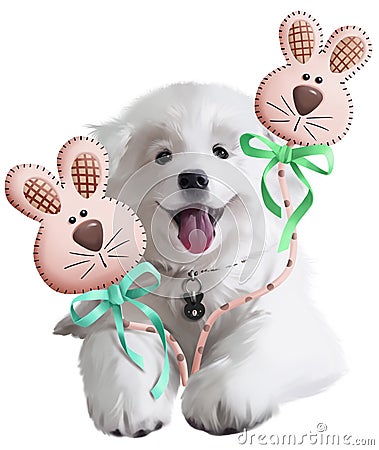 Japanese Spitz puppy and gingerbread hares. Watercolor Stock Photo