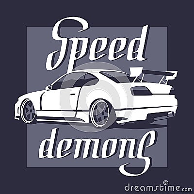 Japanese sport car. Speed demons lettering. Vector illustration Vector Illustration